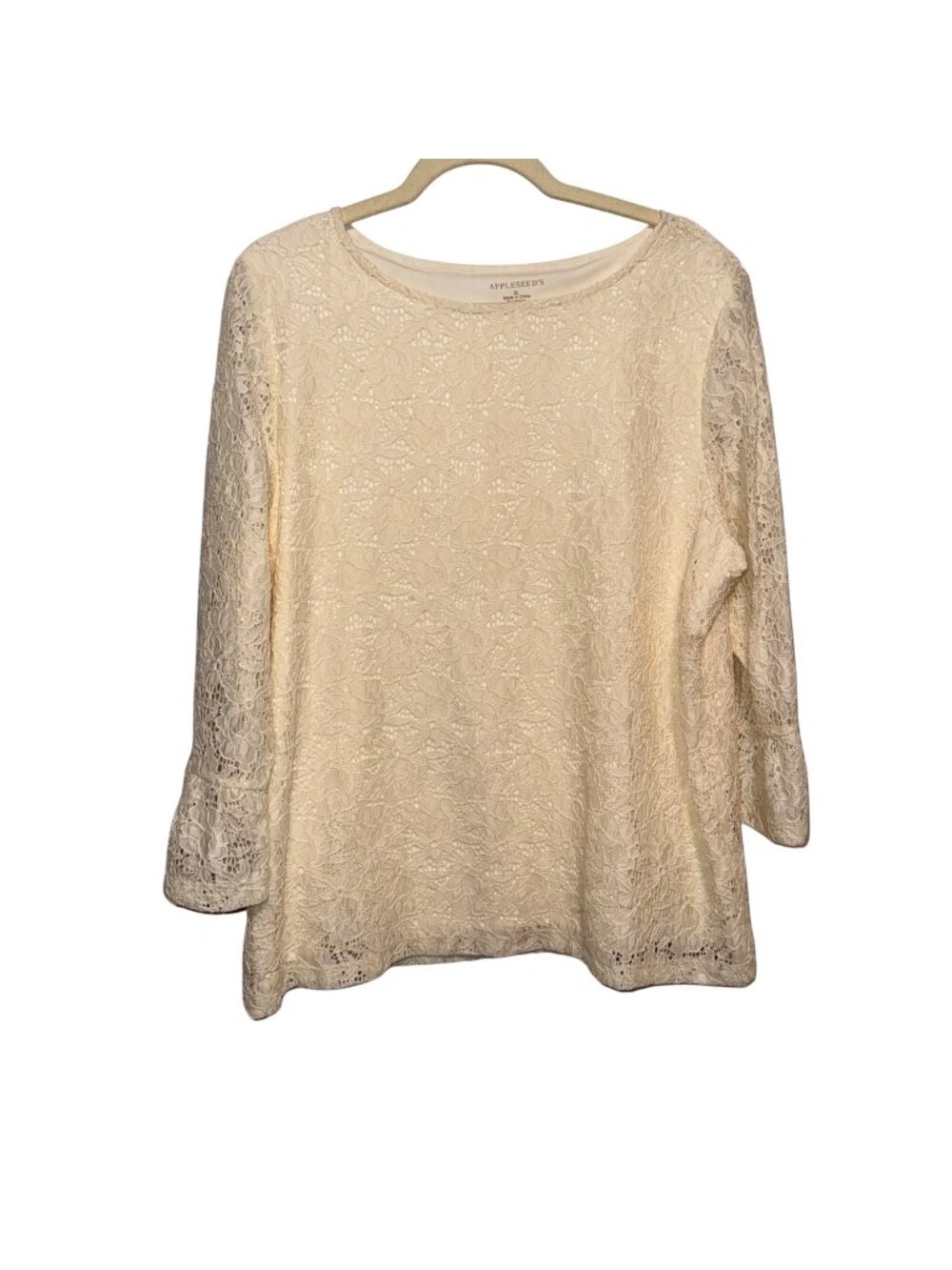 Appleseeds Womens Ivory Lace Top XL 3/4 Bell Sleeves Floral Pattern